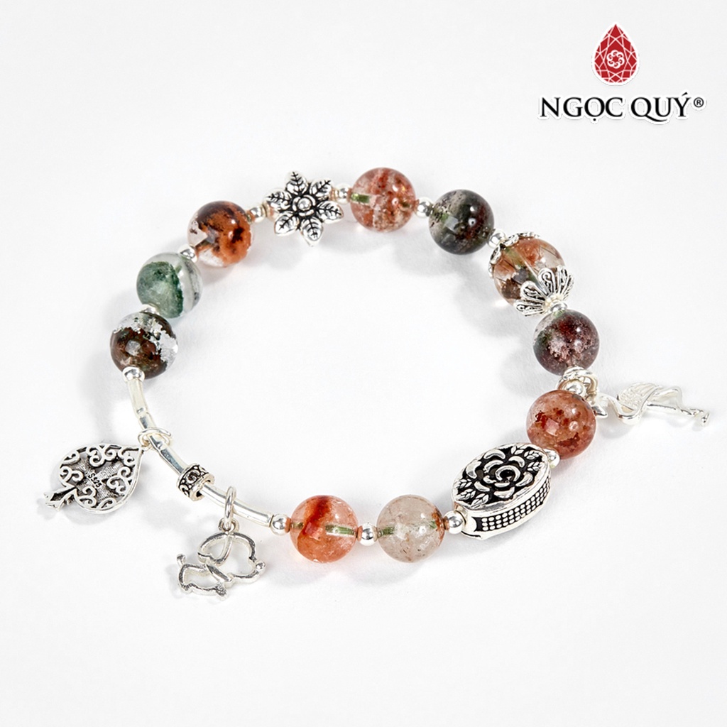 Vòng tay thạch anh ưu linh đa sắc phối charm hồng hạc bạc - ngọc quý