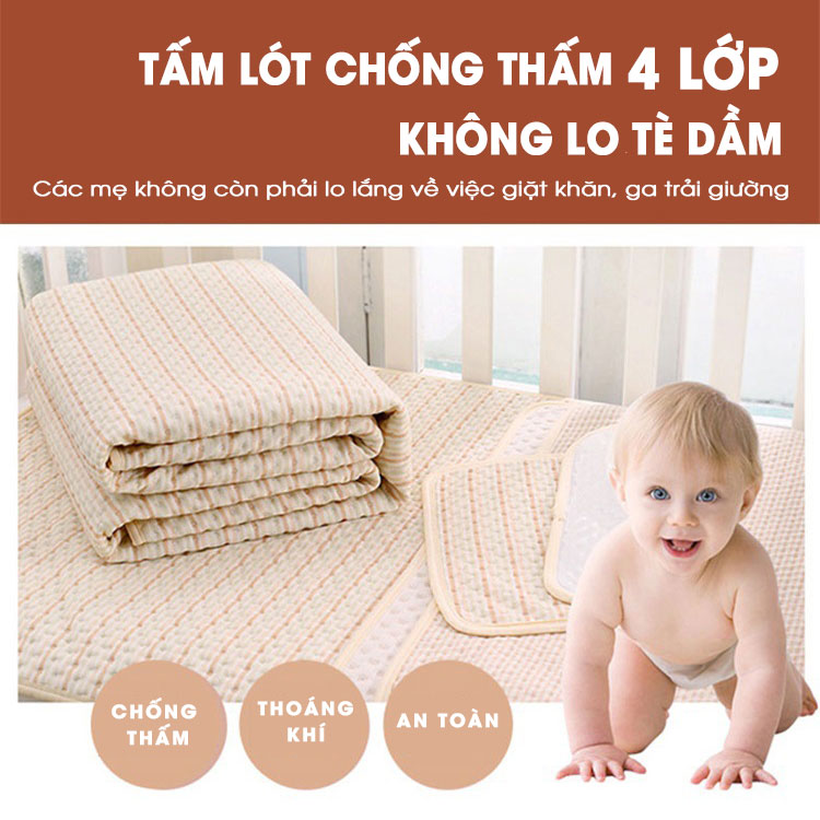 Tấm lót chống thấm cho bé cao cấp Organic Cotton Size. Miếng lót chống thấm cho trẻ sơ sinh, dùng để trải giường, củi, có thể sử dụng cho phụ nữ và người già. Thảm lót chống thấm 4 lớp, mềm mại, thoáng khí, siêu thấm hút