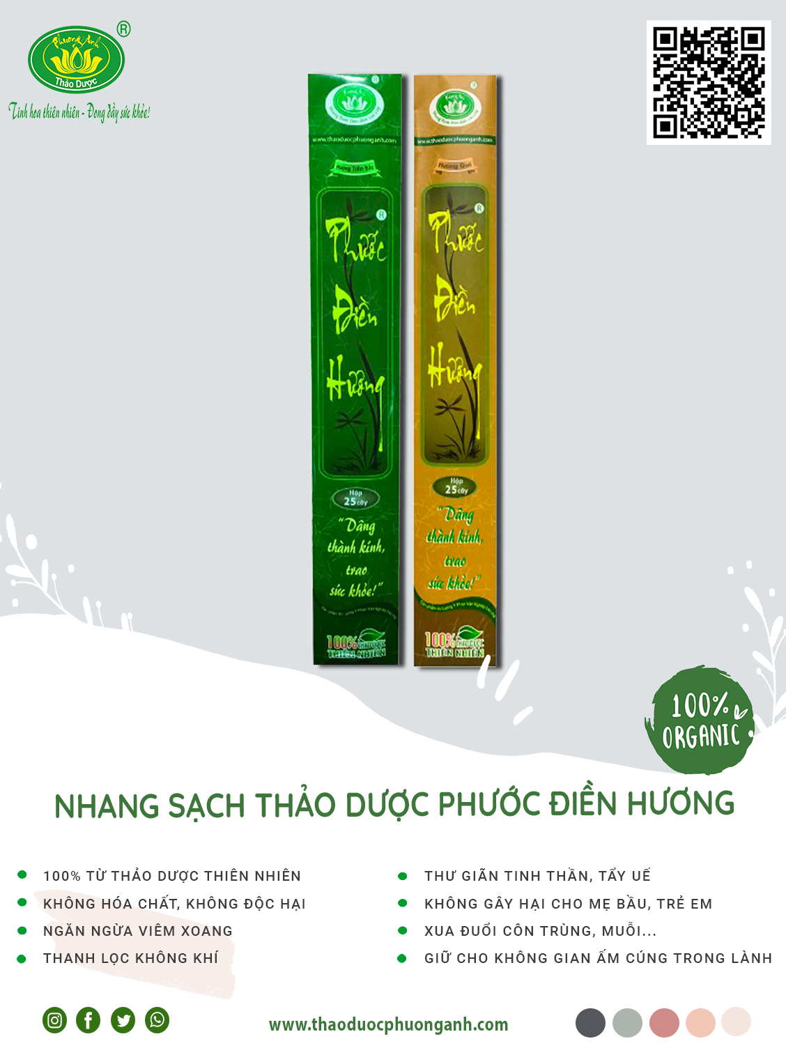 Nhang Sạch Thảo Dược Phương Anh 4 Tấc 25 cây Hương Trầm Bắc/Quế thời gian cháy 75 phút của Thảo Dược Phương Anh