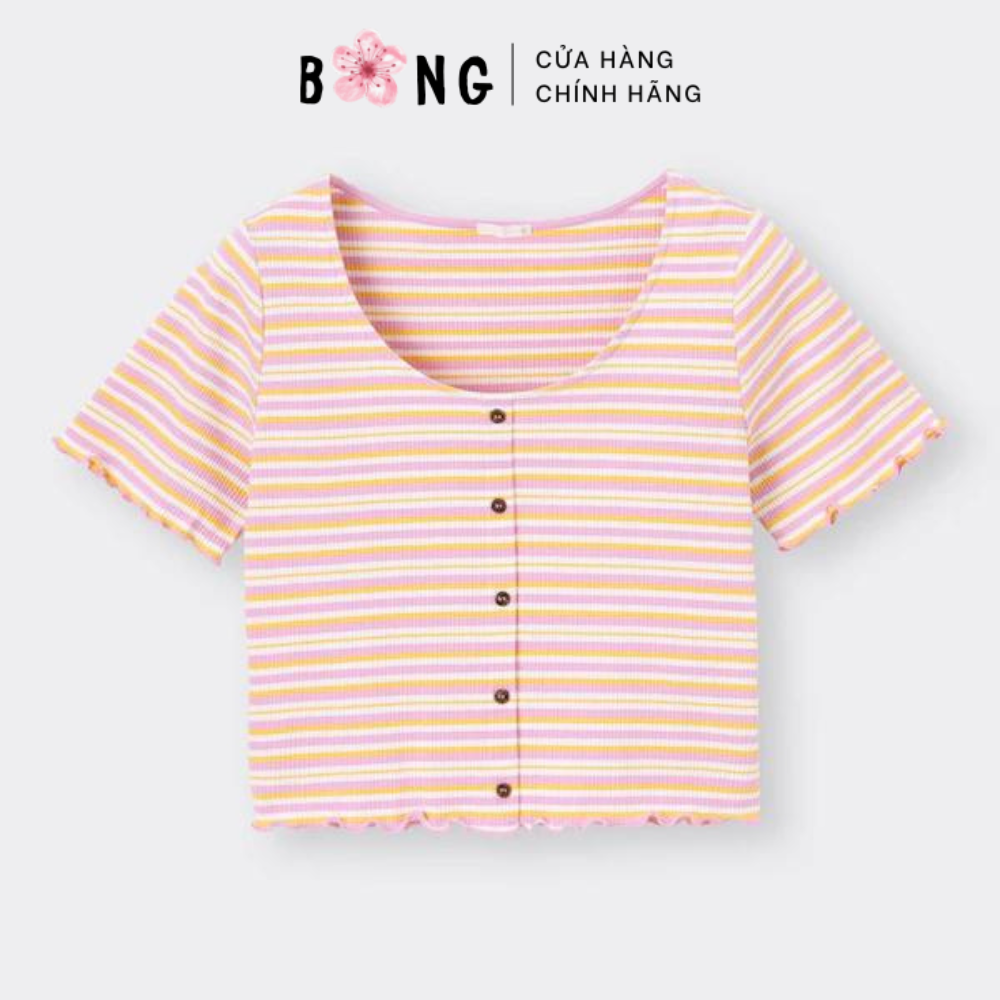 Áo thun tăm dáng croptop, sọc ngang, cuốn biên, cúc giả - áo thun gu nhật - mã 341736