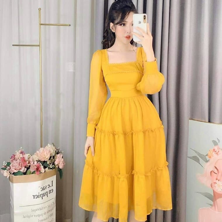 Đầm maxi màu xanh hoa nhí cổ vuông nhún ly  D063