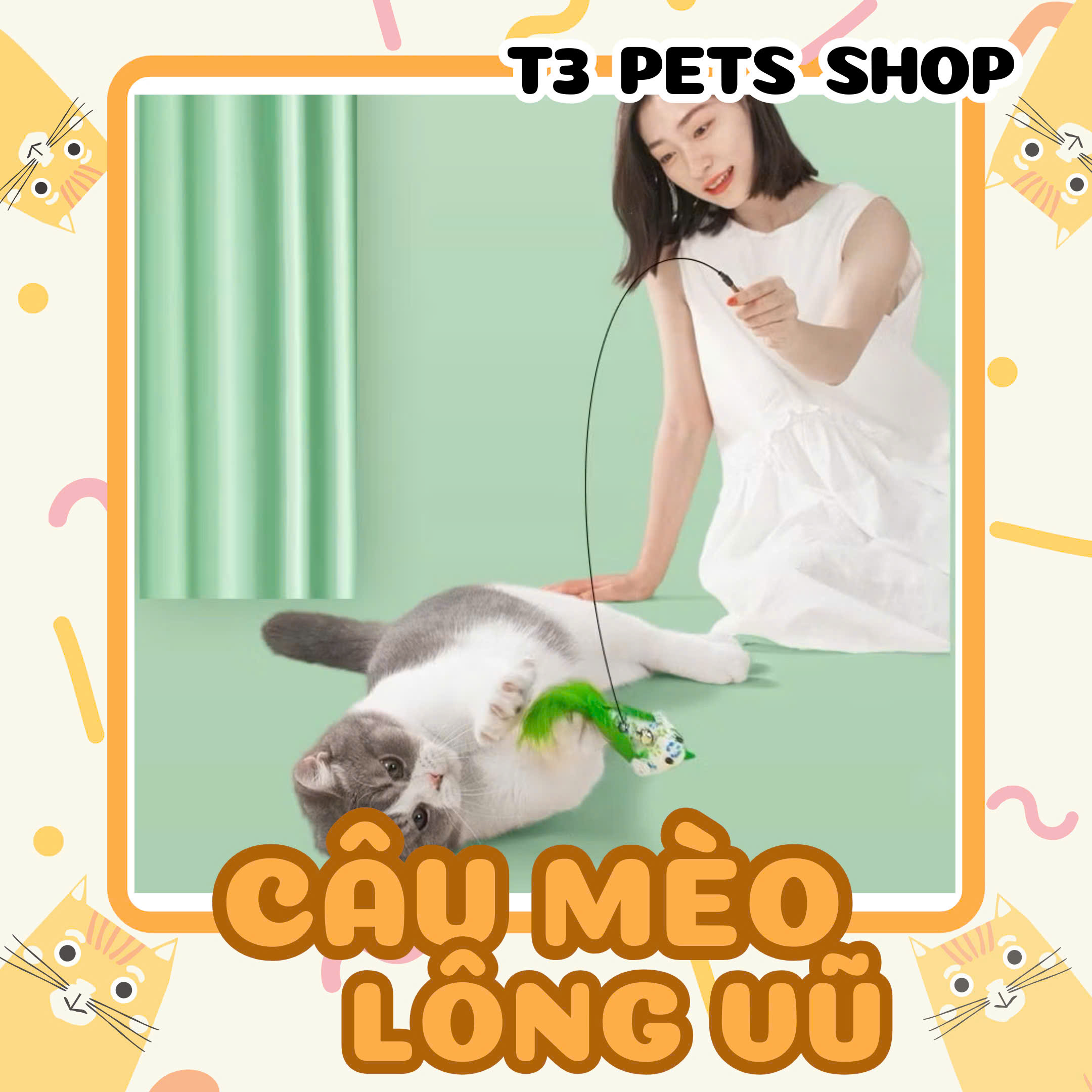 đồ chơi Cây câu mèo dài và lông vũ bằng thép - T3 PETS SHOP