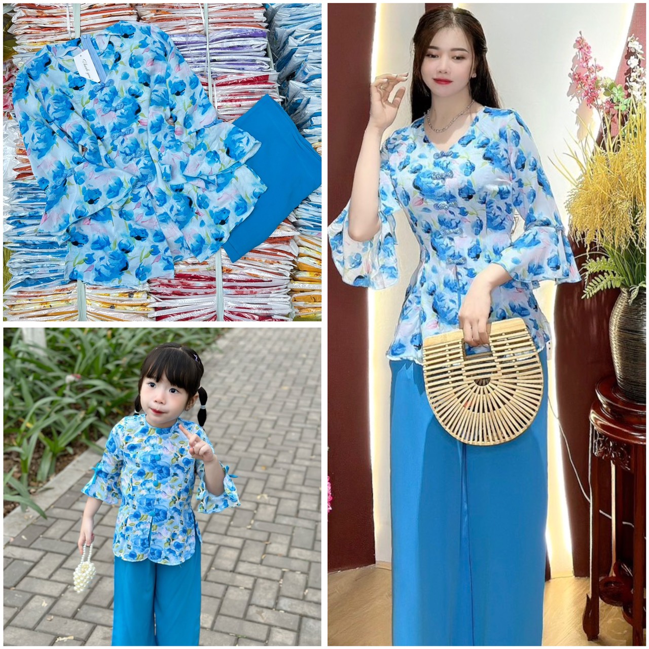 BỘ BÀ BA VẢI LỤA TAY LOE CÚC BỌC CHO MẸ VÀ BÉ GÁI