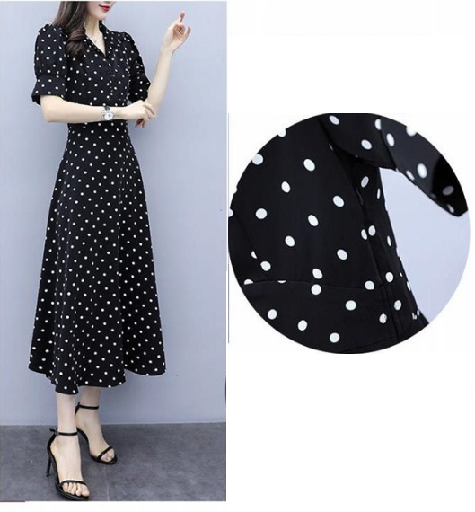 [Sale TẾT 3 Ngày] Đầm nữ maxi họa tiết đen chấm bi, tay lỡ