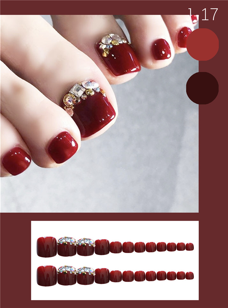 Set 24 móng chân màu đỏ cherry đính đá sang chảnh MS 040