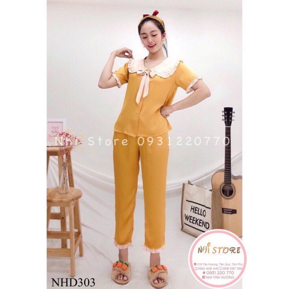 Bộ lụa pijama - bộ quần dài tay ngăn lụa satin tiểu thư cổ phối bèo nơ freesize 45-58kg