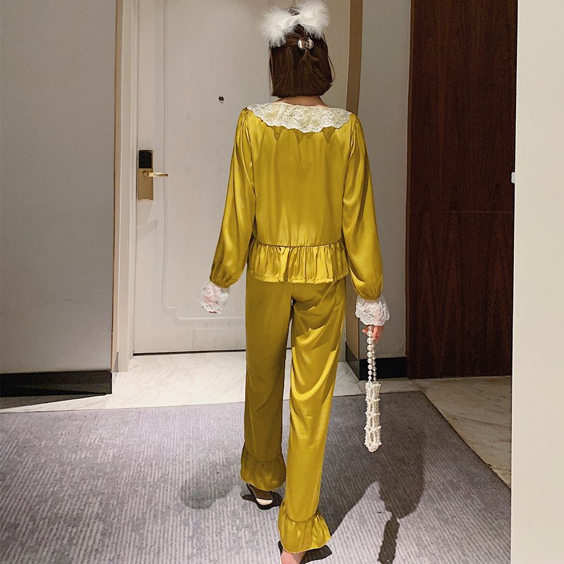 Pijama lụa tiểu thư phối bèo cao cấp, đồ ngủ lụa ,đồ ngủ pijama-PJ494.