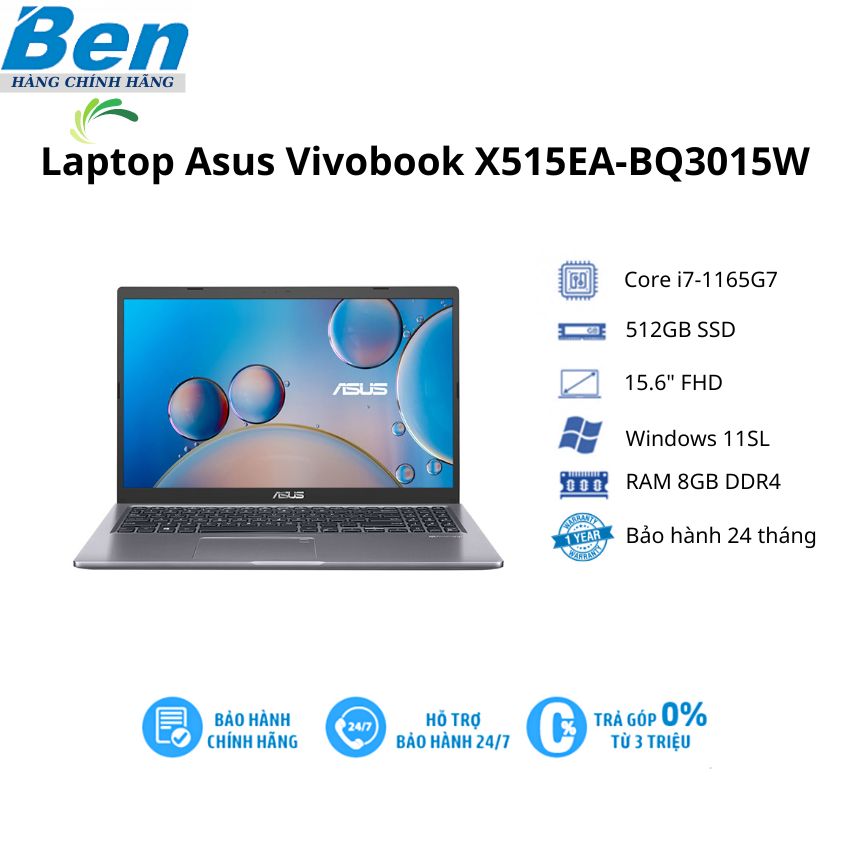 Laptop asus vivobook x515ea-bq3015w/grey/ intel core i7-1165g7 / ram 8gb/ 512gb ssd/ intel iris car graphics/ 15.6inch fhd/2cell/win 11sl/2yrs