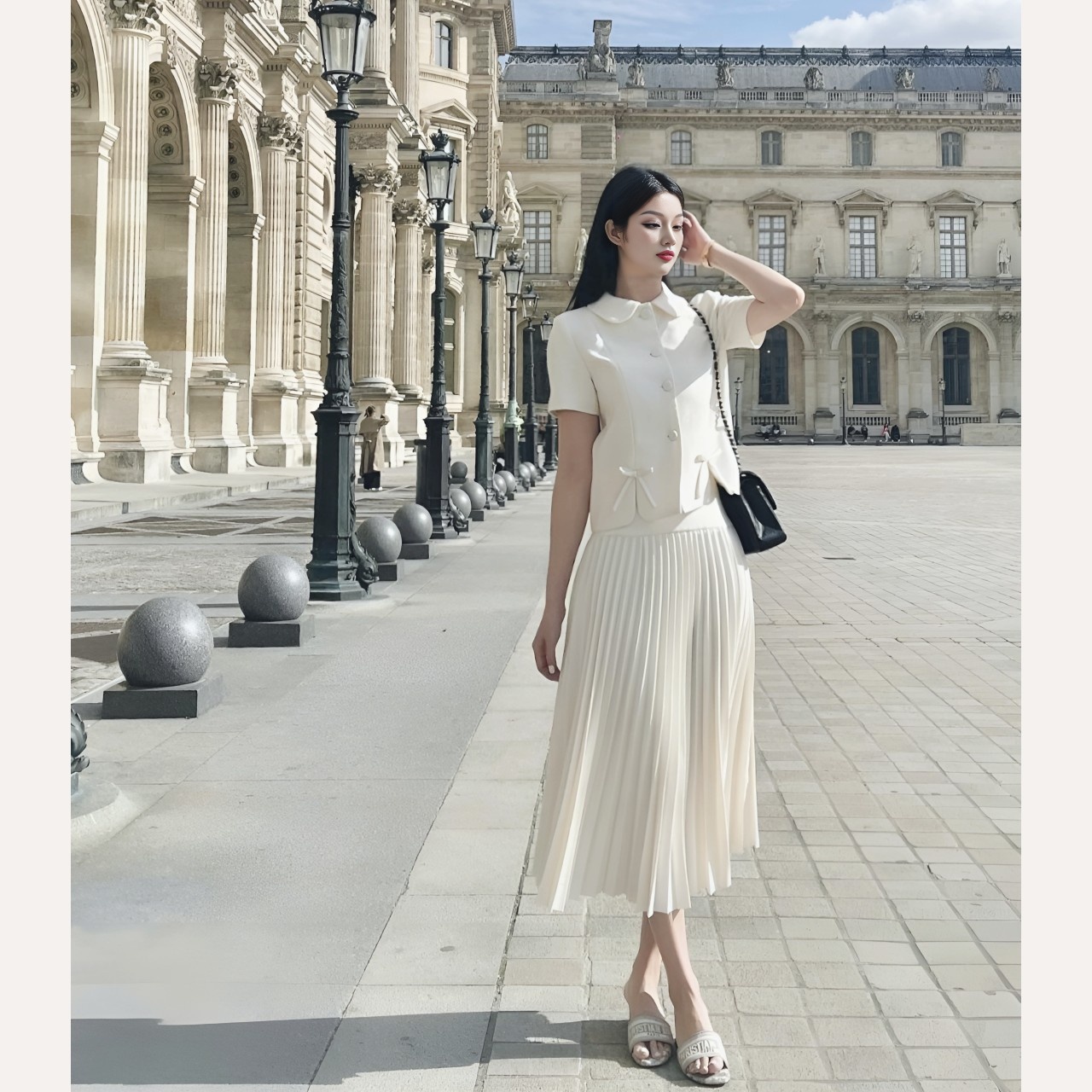 Áo vest nữ cổ sen phối nơ chất dạ text Linly Store