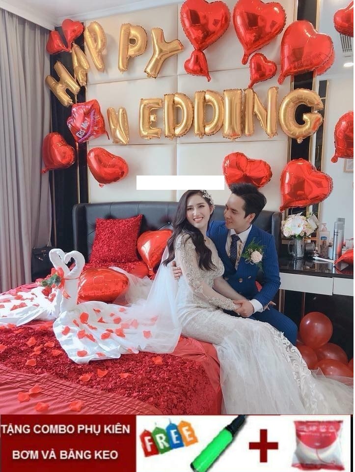 BỘ BÓNG TRANG TRÍ PHÒNG CƯỚI, PHÒNG TÂN HÔN NHƯ ẢNH TẶNG 100 CÁNH HOA HỒNG