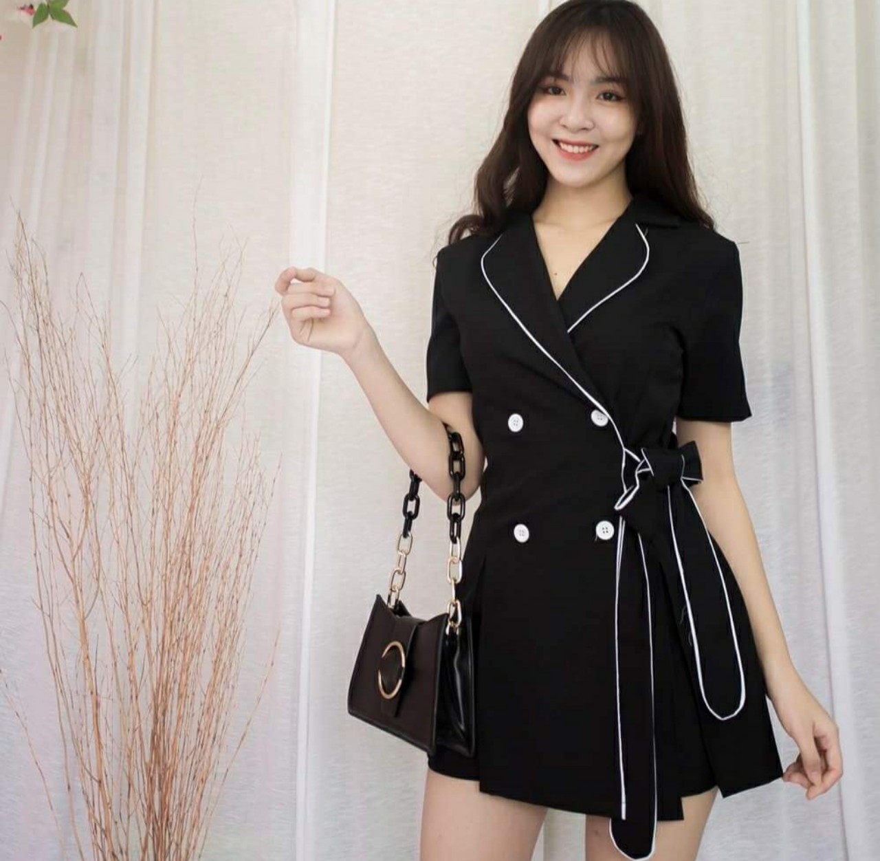 Set đầm công sở cổ vest có nơ thắt eo