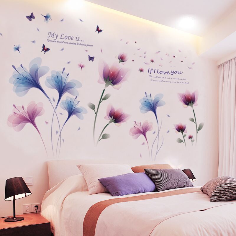 Decal dán tường hoa xanh tím( tranh ghép)