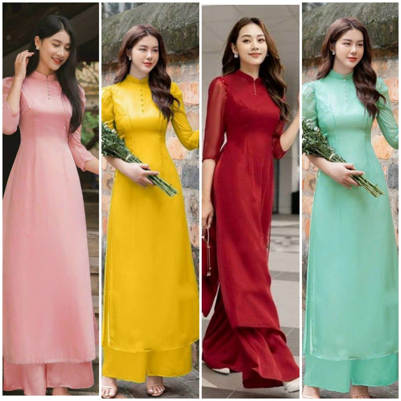 Set Bộ Áo Dài Cổ Trụ Kết Hoa Hồng Lấp Lánh Hàng Thiết Kế Cực Sang Trọng Cho Các Nàng –  NT2128