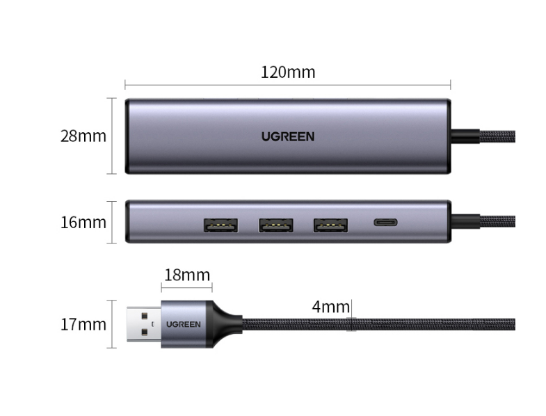 Bộ chia HUB USB 3.0 sang Lan 100/1000 + 3xUSB 3.0 Ugreen 20915 (Có trợ nguồn USB-C)