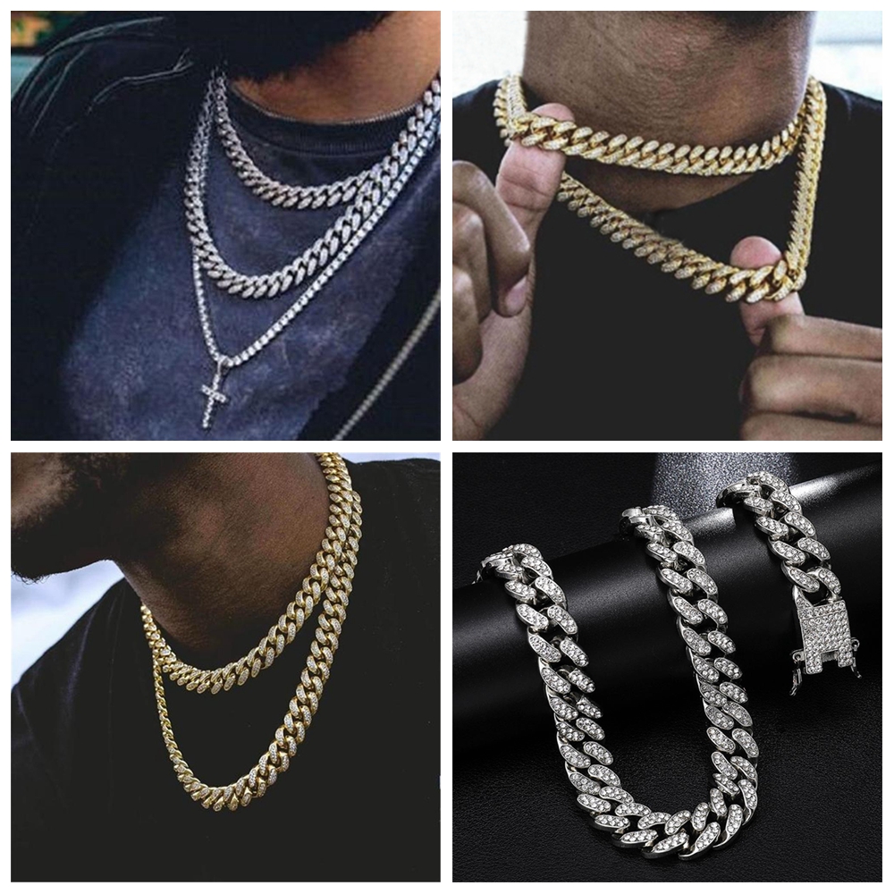 【Hàng sẵn sàng/COD】Kim cương mới Phụ nữ Nam giới Thời trang Chuỗi liên kết Chuỗi vòng cổ Cuba Dát Rhinestone Hip Hop