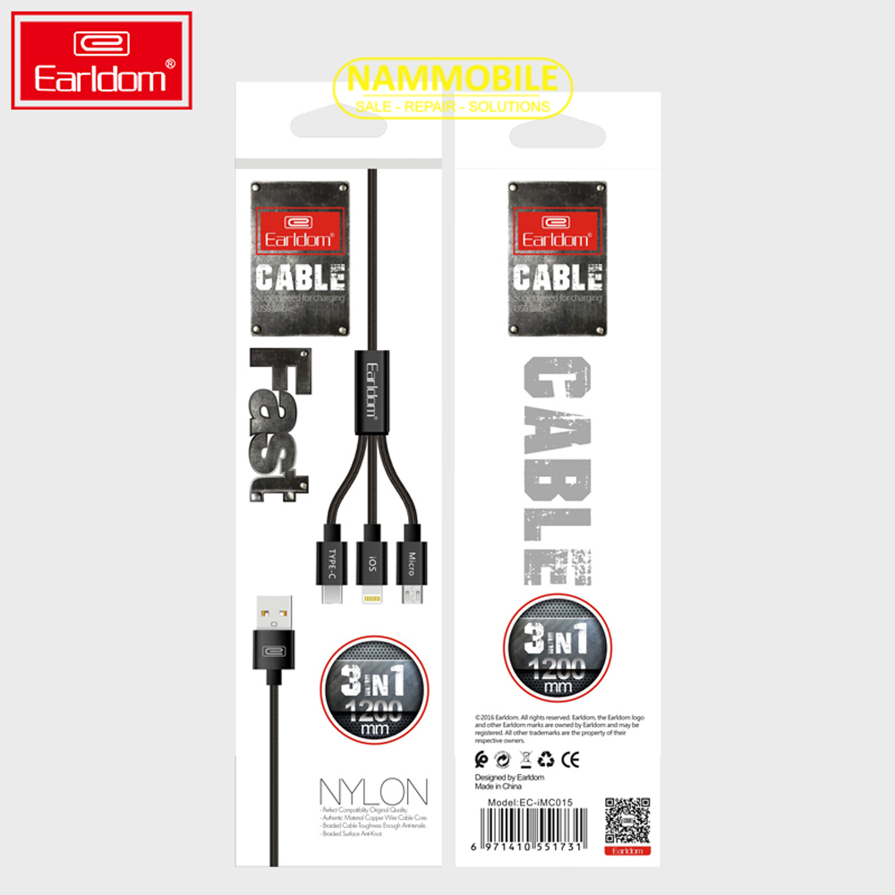 FREE SHIP Cáp Sạc 3 Đầu Lightning Type-C Micro USB Earldom 1m2 Bảo Hành 12 Tháng