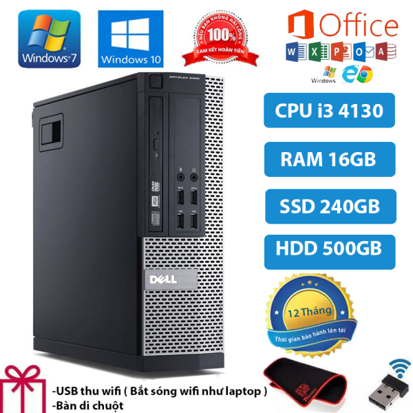 Case máy tính đồng bộ, Máy tính để bàn DELL Optiplex 3020/9020 CPU i3 4130 Ram 16GB, Ổ cứng SSD 240GB, HDD 500GB,Cây máy tính để bàn. Máy tính văn phòng, học tập Tặng USB Thu Wifi và bàn di chuột. Bảo hành 12 tháng
