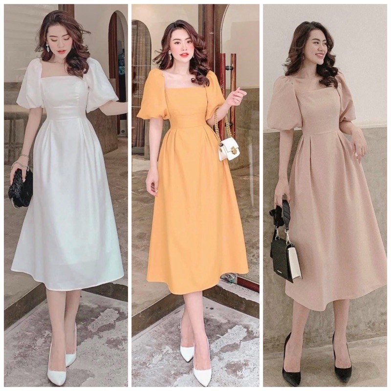 Đầm cổ vuông tay bồng 4 màu