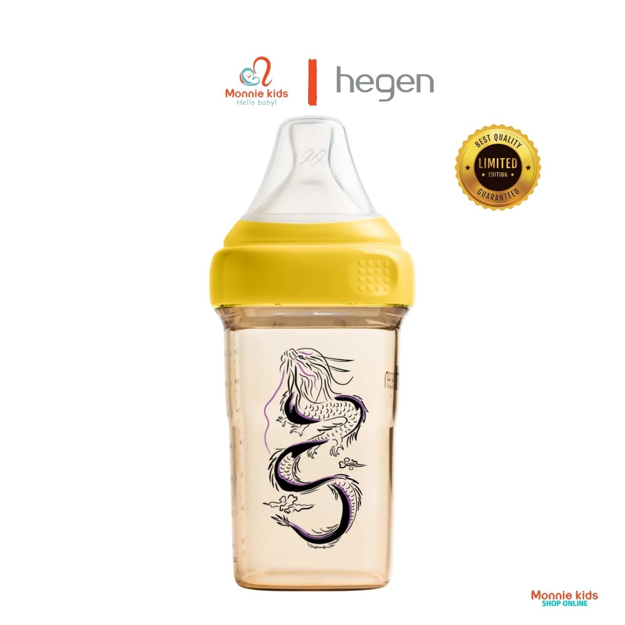 Bình sữa cho bé Hegen PPSU 240ml núm số 2, bình sữa phiên bản giới hạn rồng vàng - Monnie Kids