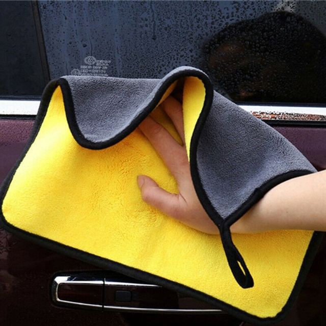 (khăn lau ô tô chuyên dụng) Khăn lau xe lông cao 2 mặt vàng xám 30*30cm