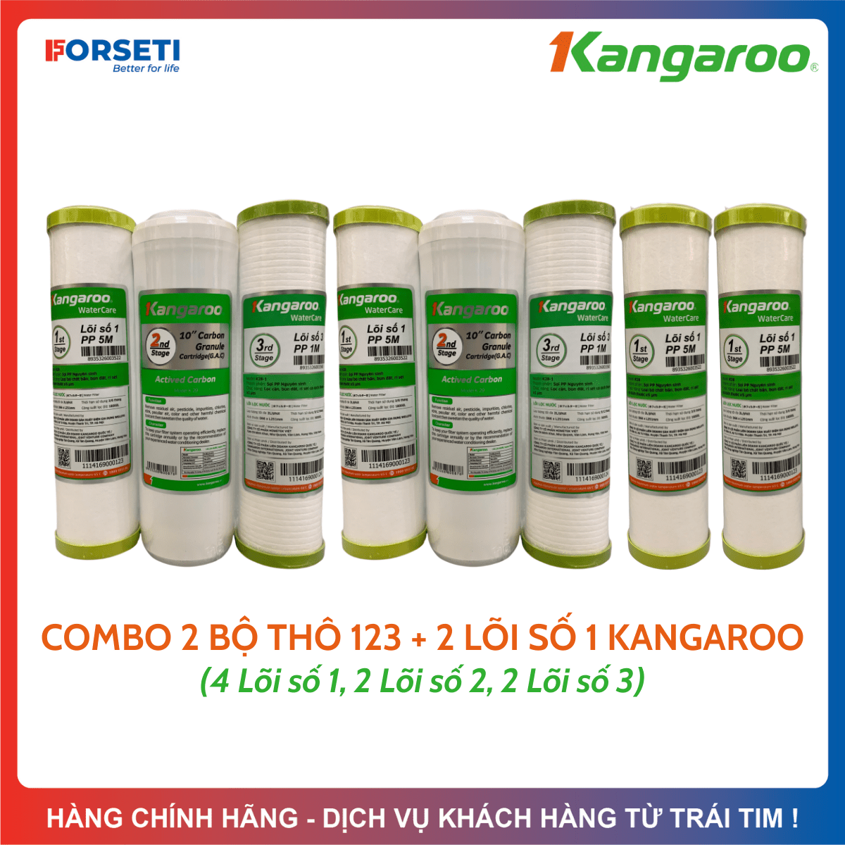Combo 2 Bộ Lọc Thô 123 + 2 Lõi Số 1 (4 lõi số 1, 2 lõi số 2, 2 lõi số 3) Cho Máy KANGAROO