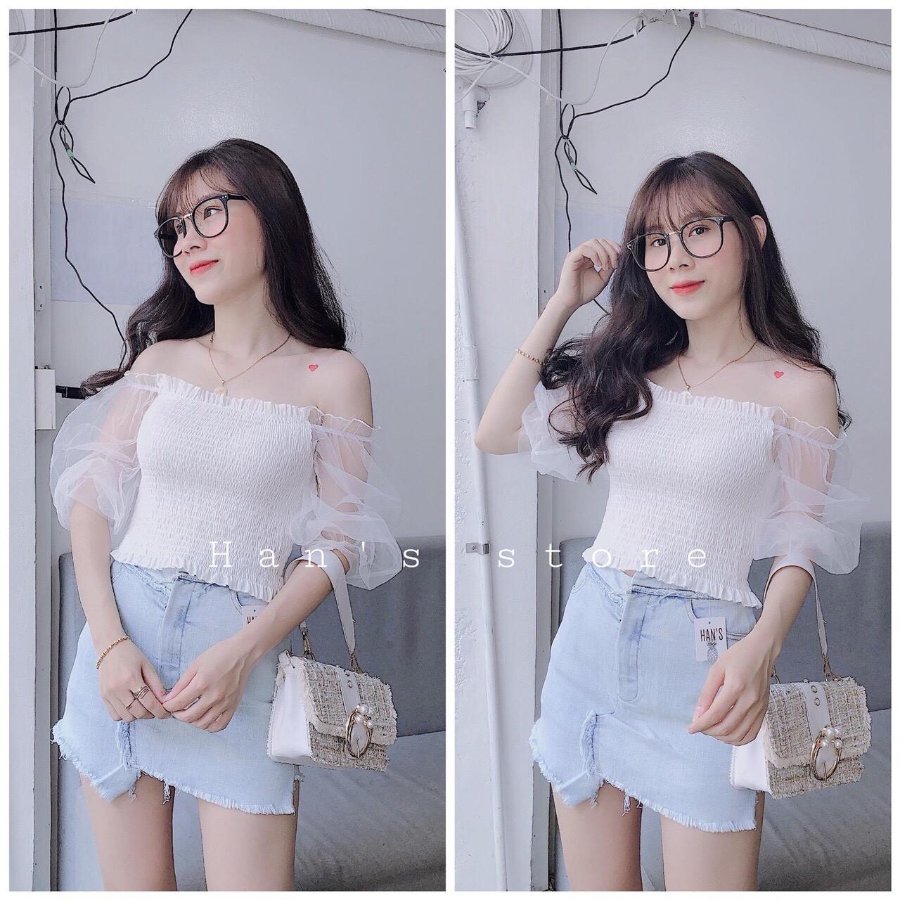 Áo von kiểu trễ vai tay phồng phối lưới tiểu thư tts0388