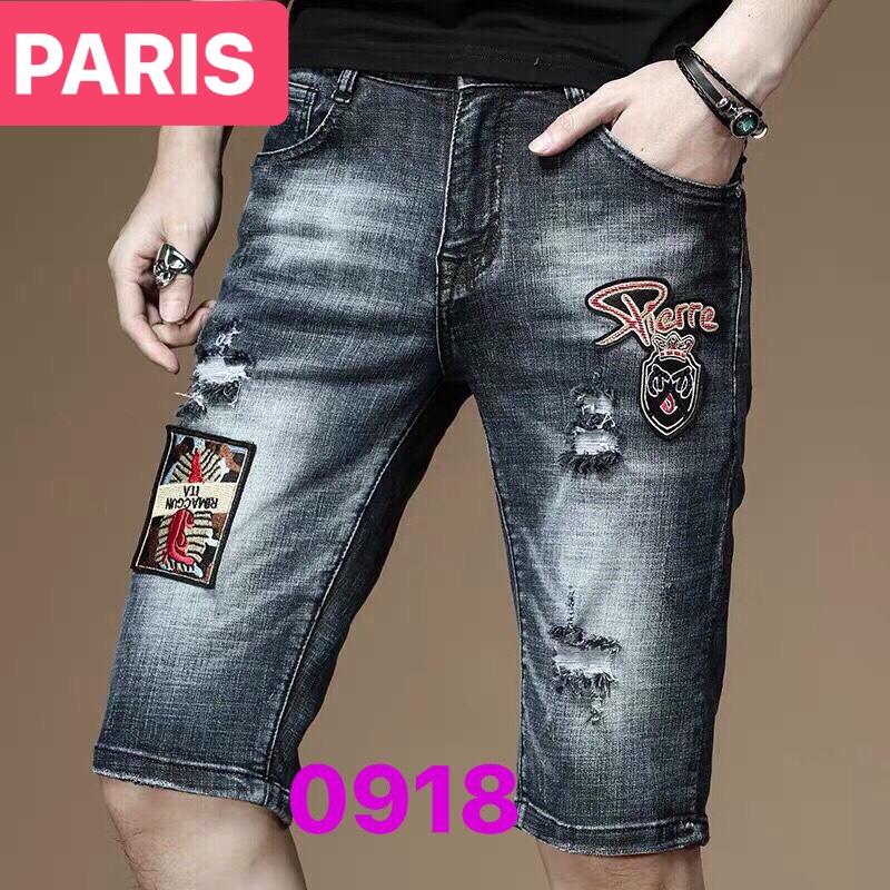 QUẦN SỌT SHORT LỬNG JEAN NAM CHẤT BÒ ĐEN THÊU CHỮ KIỂU PHÁP PR-0918 CAO CẤP - PARIS FASHION