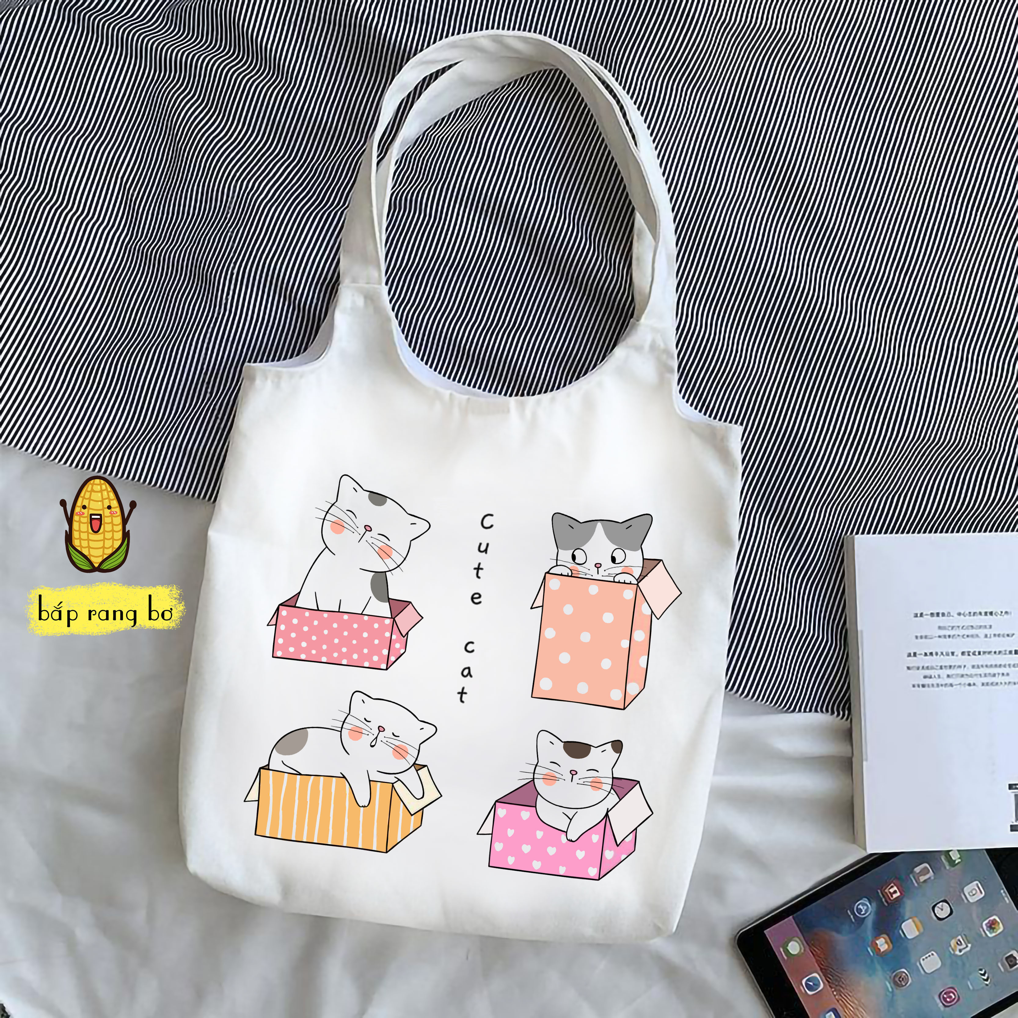 TÚI TOTE TRÒN MÈO CUTE (CÓ TÚI CON) - VẢI CANVAS