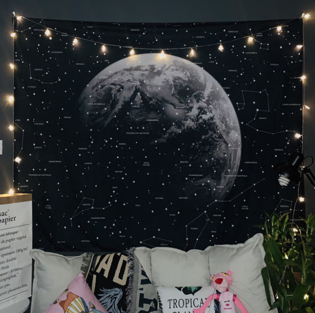 Thảm treo tường - Tranh vải treo tường trang trí phòng hình mặt trăng có Tặng kèm đèn nháy và móc treo decor phòng