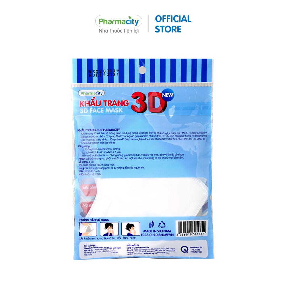 Khẩu trang 3D chất lượng cao Pharmacity (5 cái/gói)
