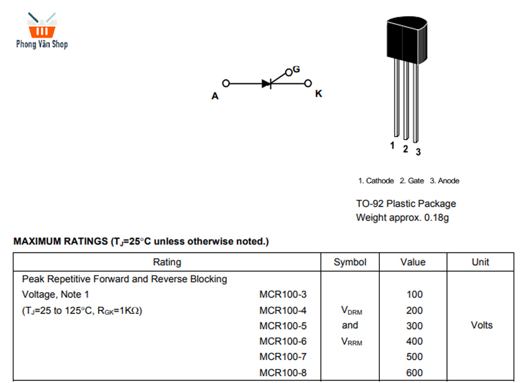 5 MCR100-8 Thyristor 0.8A 600v- Kiểu chân To-92