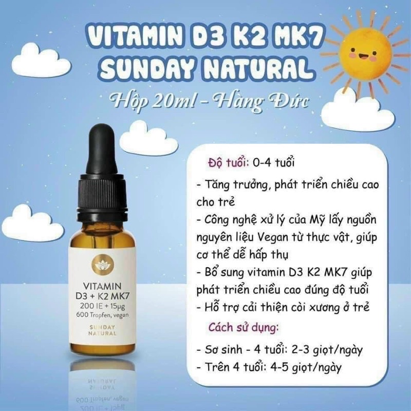 Vitamin D3 K2 MK7 Sunday Natural Đức 10ml - Date mới