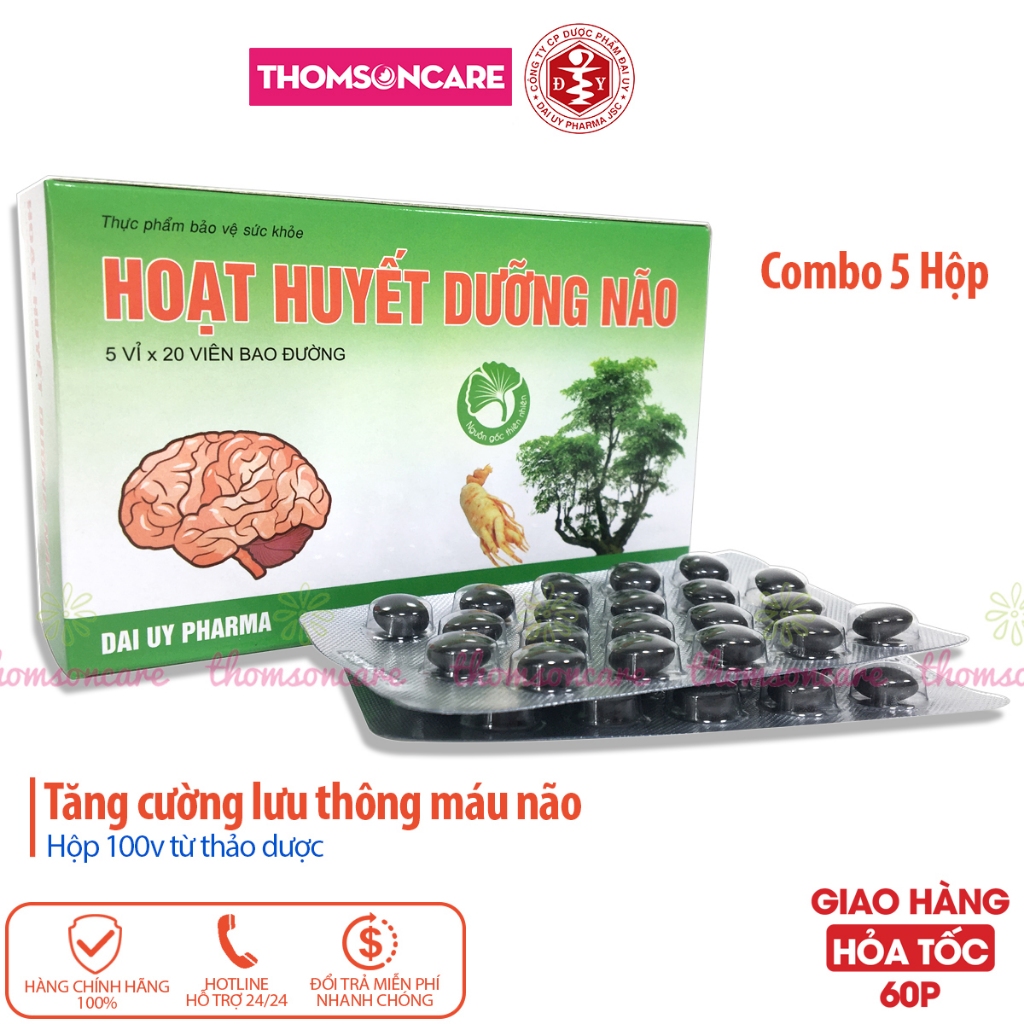 Hoạt huyết dưỡng não - Hộp 100 viên bao đường - hỗ trợ tuần hoàn não - bổ não từ đinh lăng cao bạch quả và Coenzyme q10