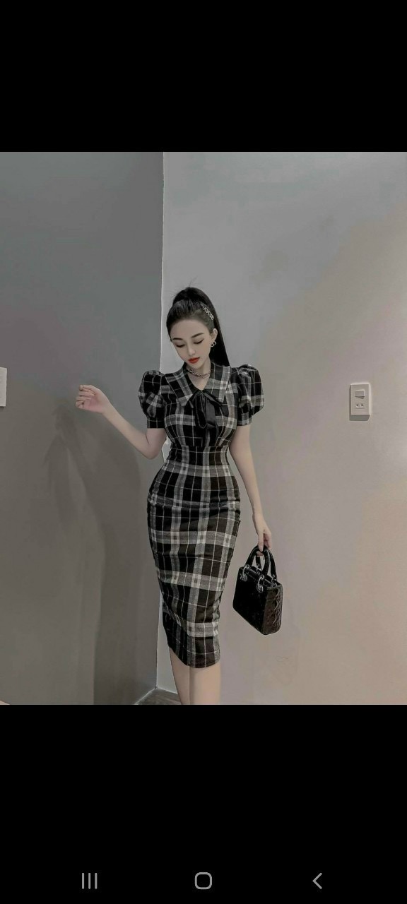 Đầm karo cổ sen tay búp-QH #damnu