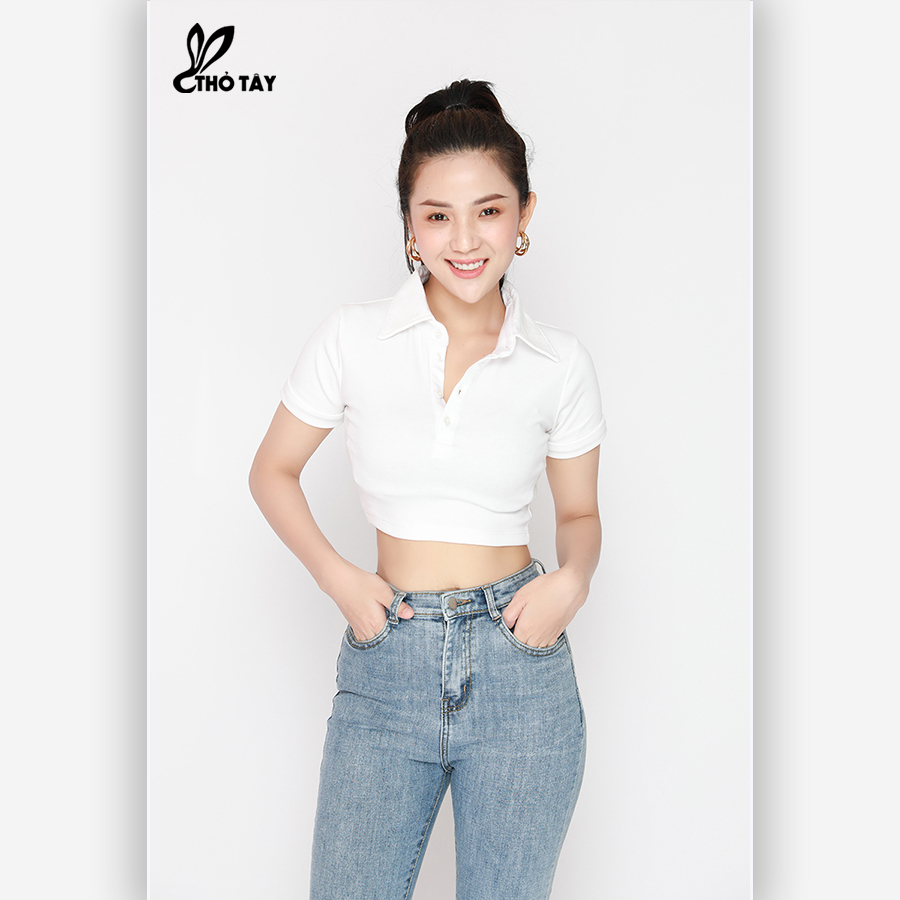 Áo Thun Nữ Cổ Bẻ Form Croptop - THỎ TÂY A220B645