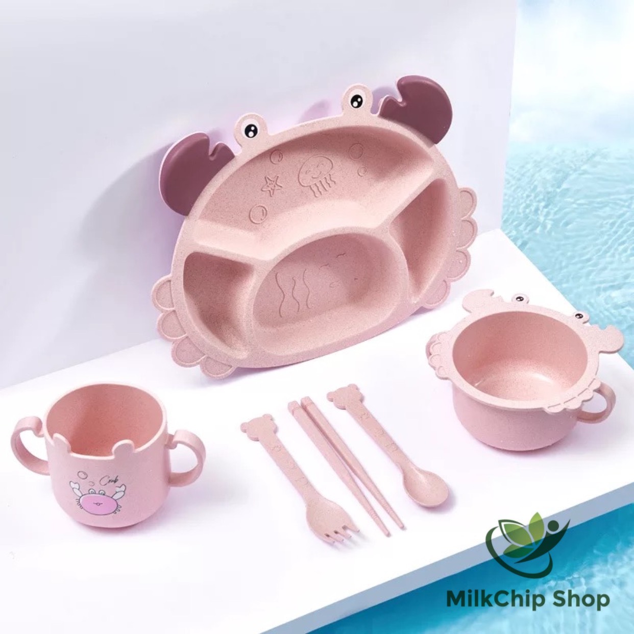 Khay ăn dặm cho bé, khay cơm bằng lúa mạch hình con cua (kèm thìa, dĩa, đũa) BK008
