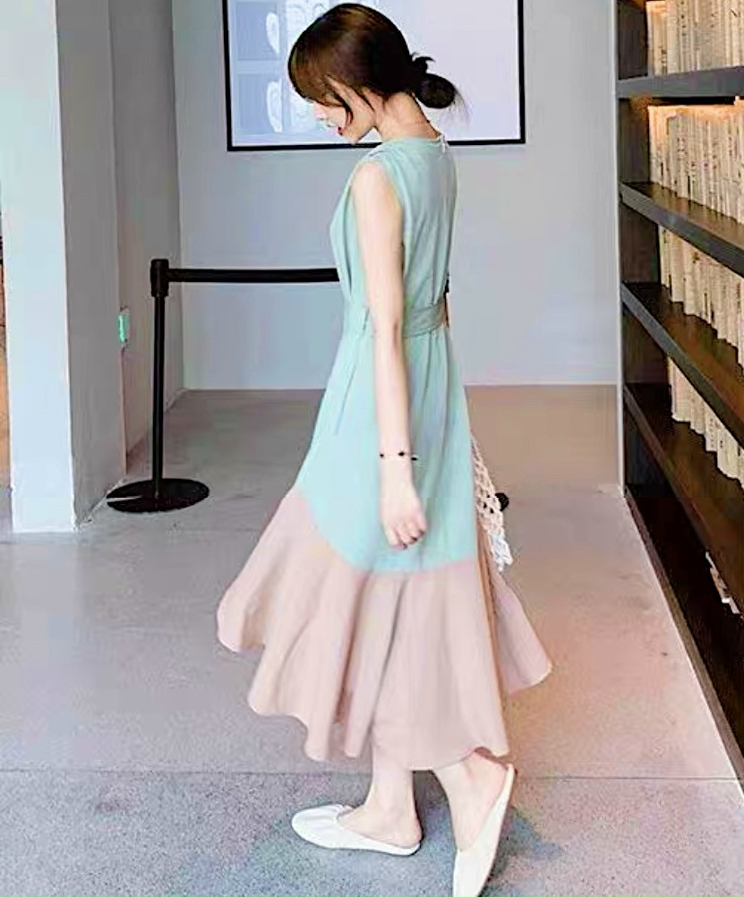 Đầm maxi đi biển mint đuôi cá phối kem