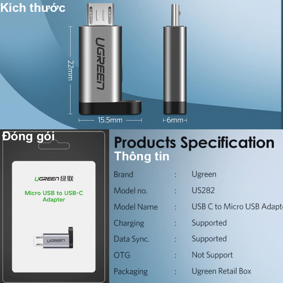 Đầu đổi Micro USB đực ra USB type-C cái - USB-C female to Micro USB male adapter Ugreen 50590