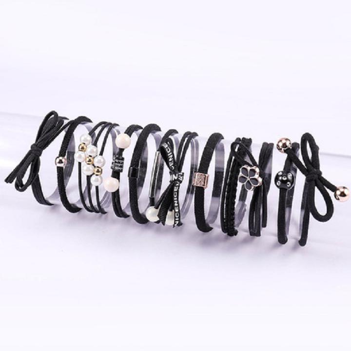 Bộ 12 Dây Buộc Tóc Cột Tóc Hàn Quốc (Màu Đen - Gồm Hộp)