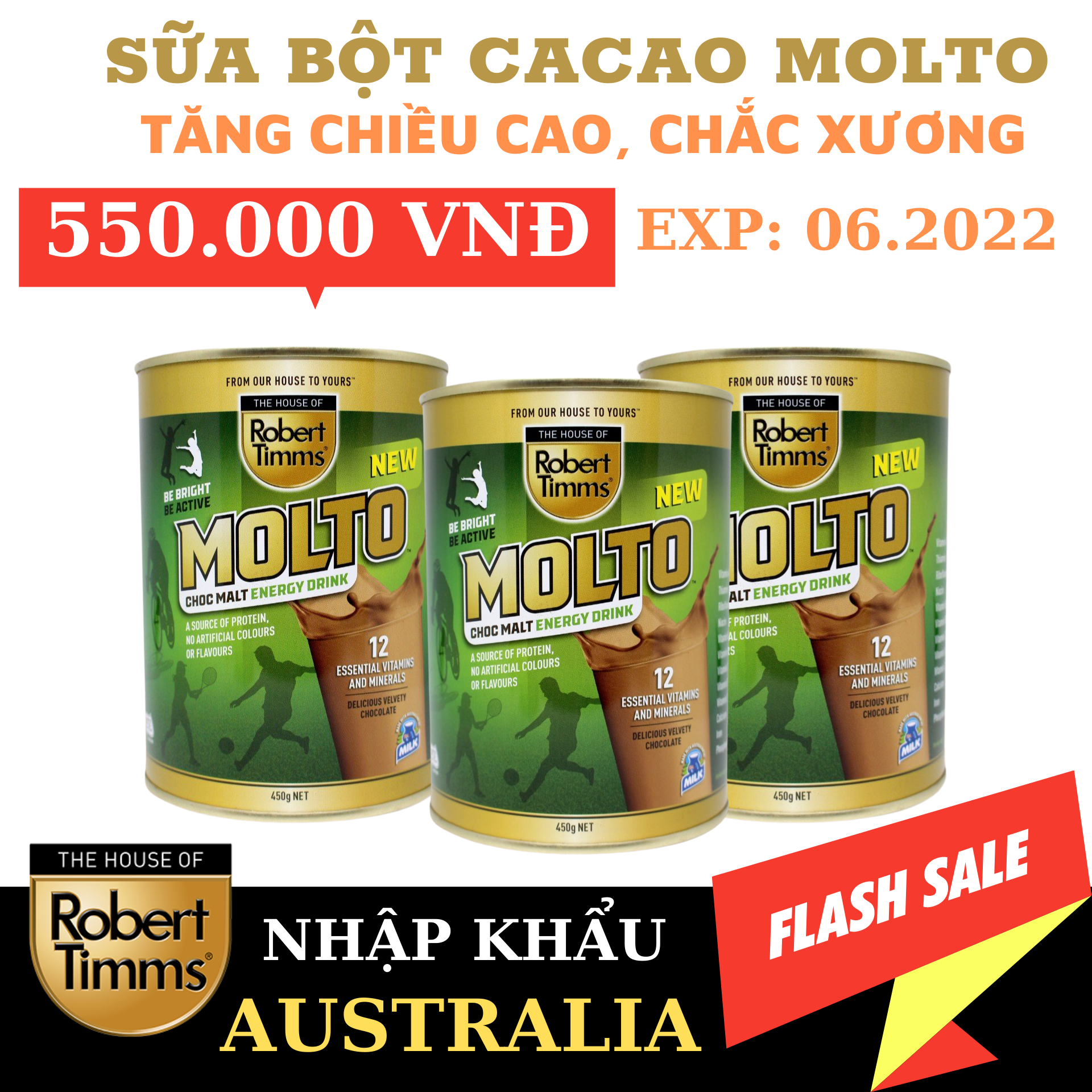Sữa bột Canxi ca cao Robert Timms Molto Australia 450g giúp tăng trưởng chiều cao, bổ sung Canxi