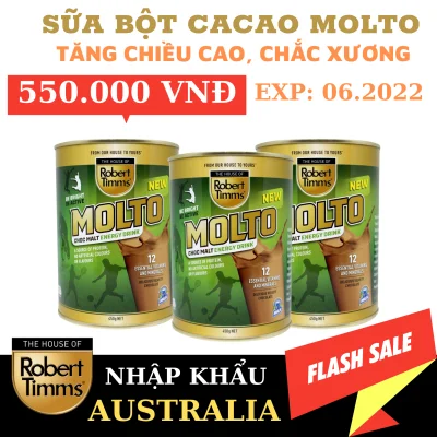 Sữa bột Canxi ca cao Robert Timms Molto Australia 450g giúp tăng trưởng chiều cao, bổ sung Canxi