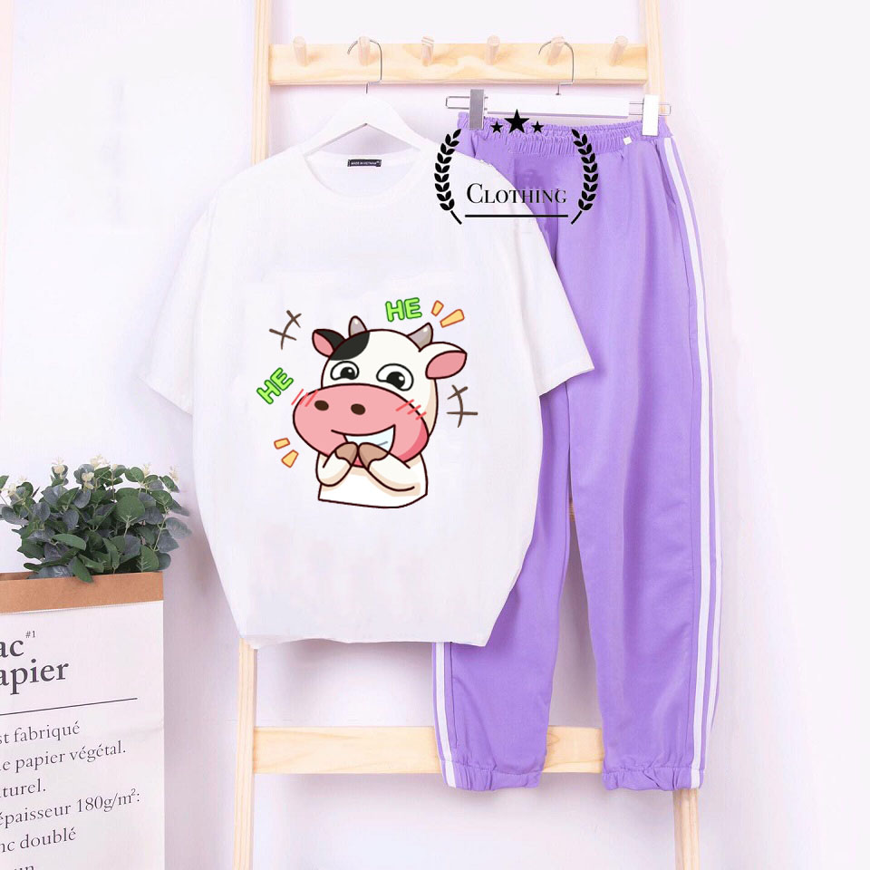 [PHÁ CÁCH 22] Mix Phối Sét Bộ Quần Áo Nữ Xinh Cute Mặc Đi Chơi Dạo Phố, Chất Liệu Áo Cotton Trắng Organic Ngắn Tay Cổ Tròn In Bò Sữa Kèm Quần Ống Rộng Thun Cát Co Giãn Nhẹ Phong Cách Thời Trang Trẻ Hàn Quốc
