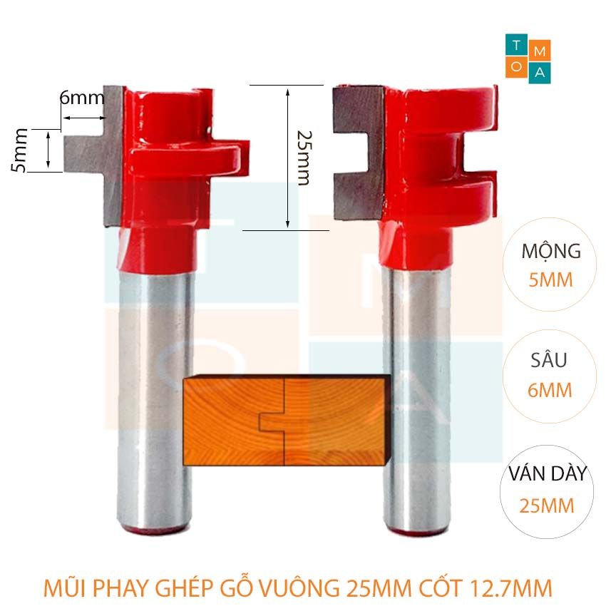 Bộ mũi phay ghép gỗ vuông 25mm cốt 12.7mm - bộ mũi soi ghép gỗ vuông ghép được gỗ dày đến 25mm