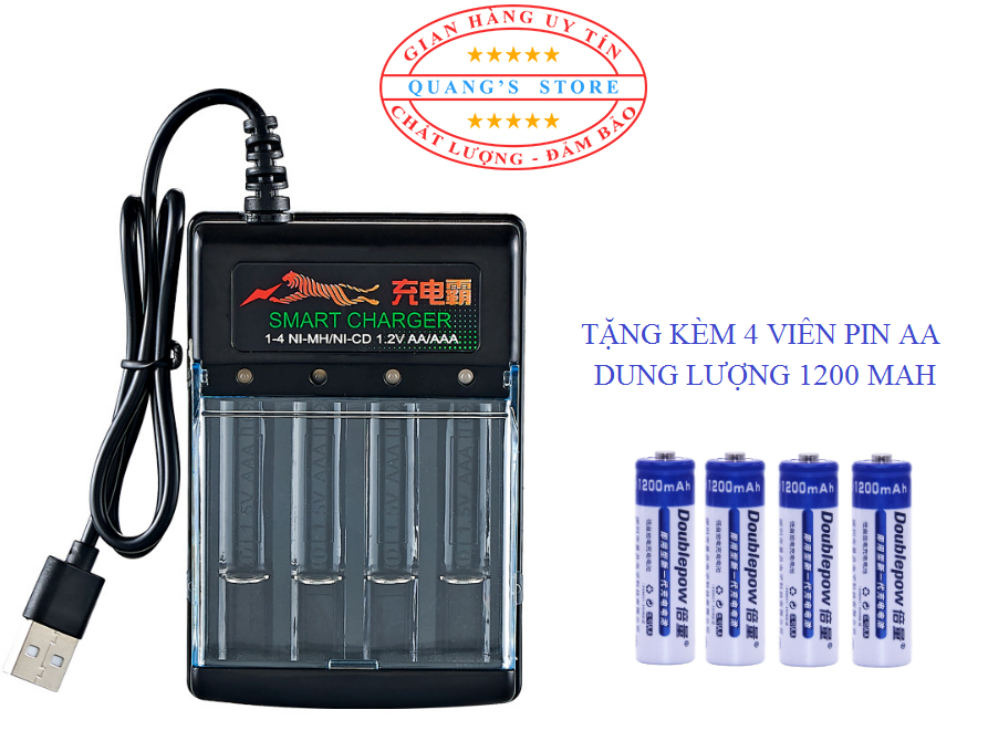 Sạc Pin BMAX Cao Cấp 4 Khe Cho Pin Tiểu AA và Pin Đũa AAA Có Đèn Báo và Tự