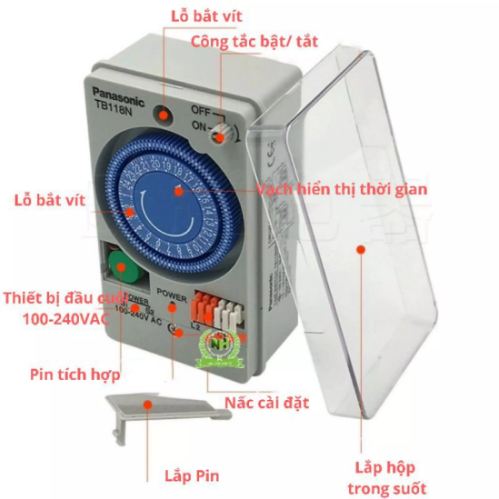 Thiết bị hẹn giờ cơ panasonic tb118n 15a 220v tặng kèm pin chờ. timer hẹn giờ panasonic tb118n bộ hẹn giờ cơ