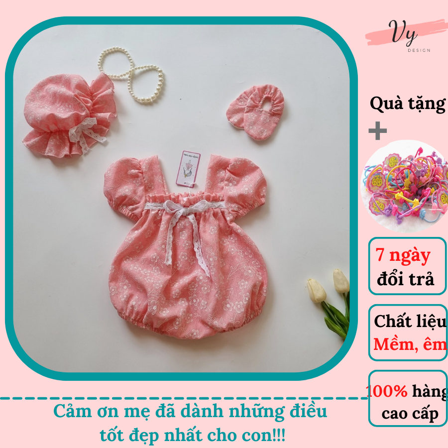 Body Hồng Ren Ngực VYDESIGN, Tặng Kèm Mũ Và Giày. Đầm Sơ Sinh Cho Bé Gái