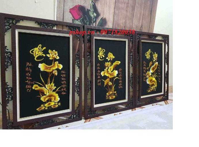 [chưa khung] Tranh thêu truyền thống Phúc Lộc Thọ Sen vàng thành phẩm TL045 40x80x3