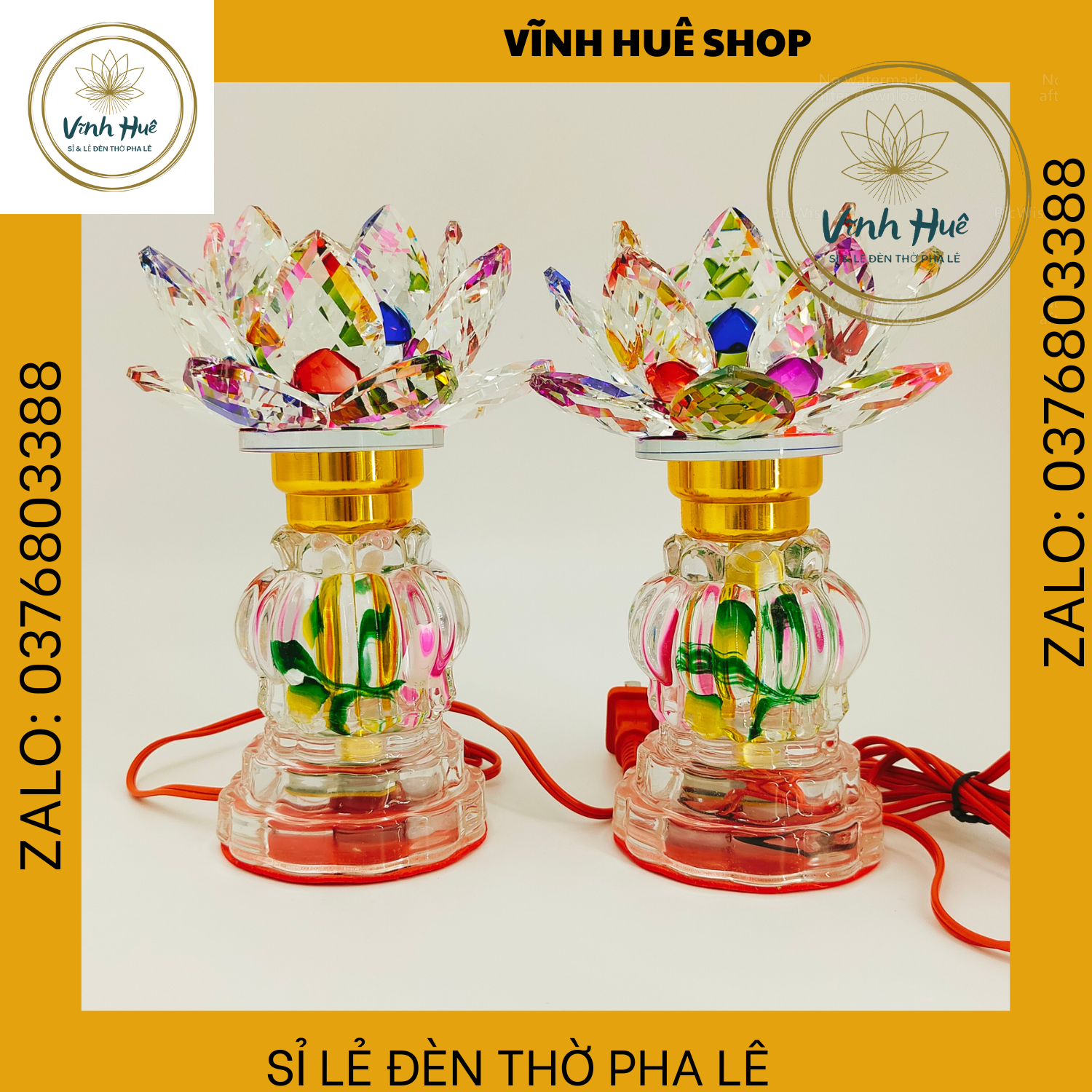 1 CẶP ĐÈN PHA LÊ, ĐÈN THỜ CÚNG, ĐẾ TRÒN HOA SEN MẠCH CHỚP 7 MÀU