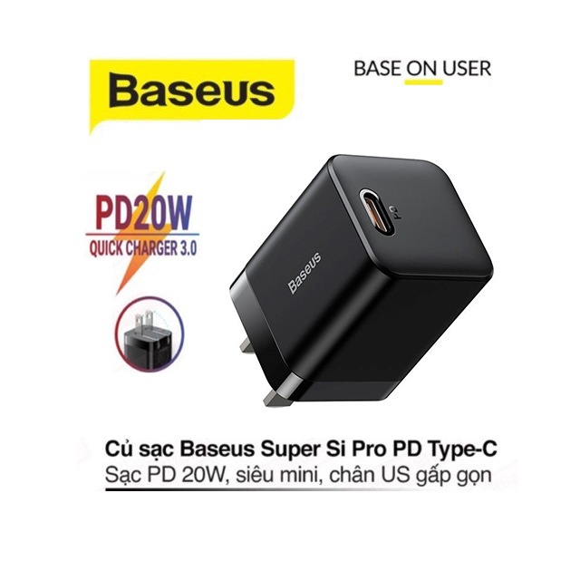 Củ sạc nhanh pd 20w baseus super si pro chân dẹt 1 cổng type-c chất liệu cao cấp nhỏ gọn
