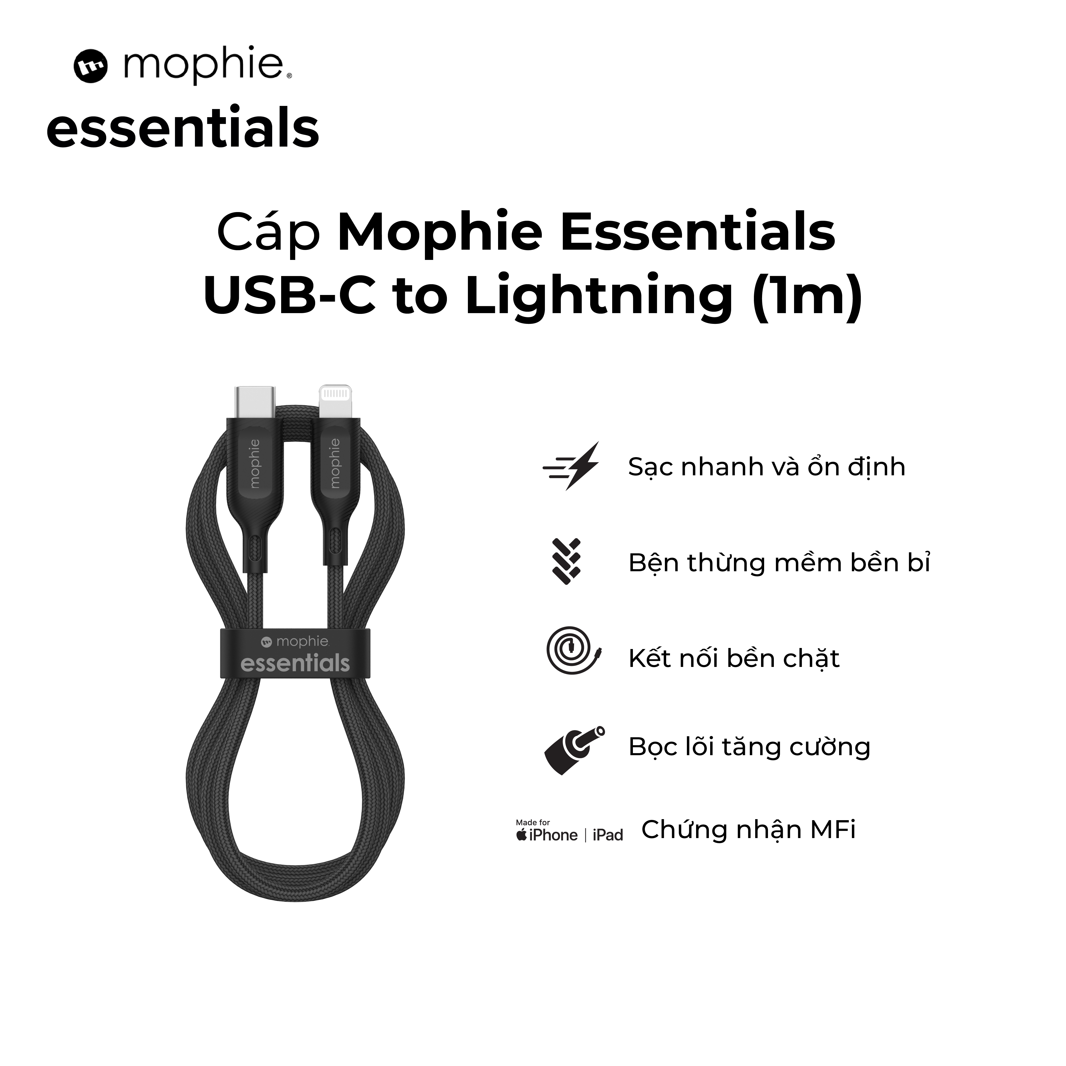 Cáp USB-C to Lightning Mophie Essentials 1M/2M - Đạt chuẩn MFI